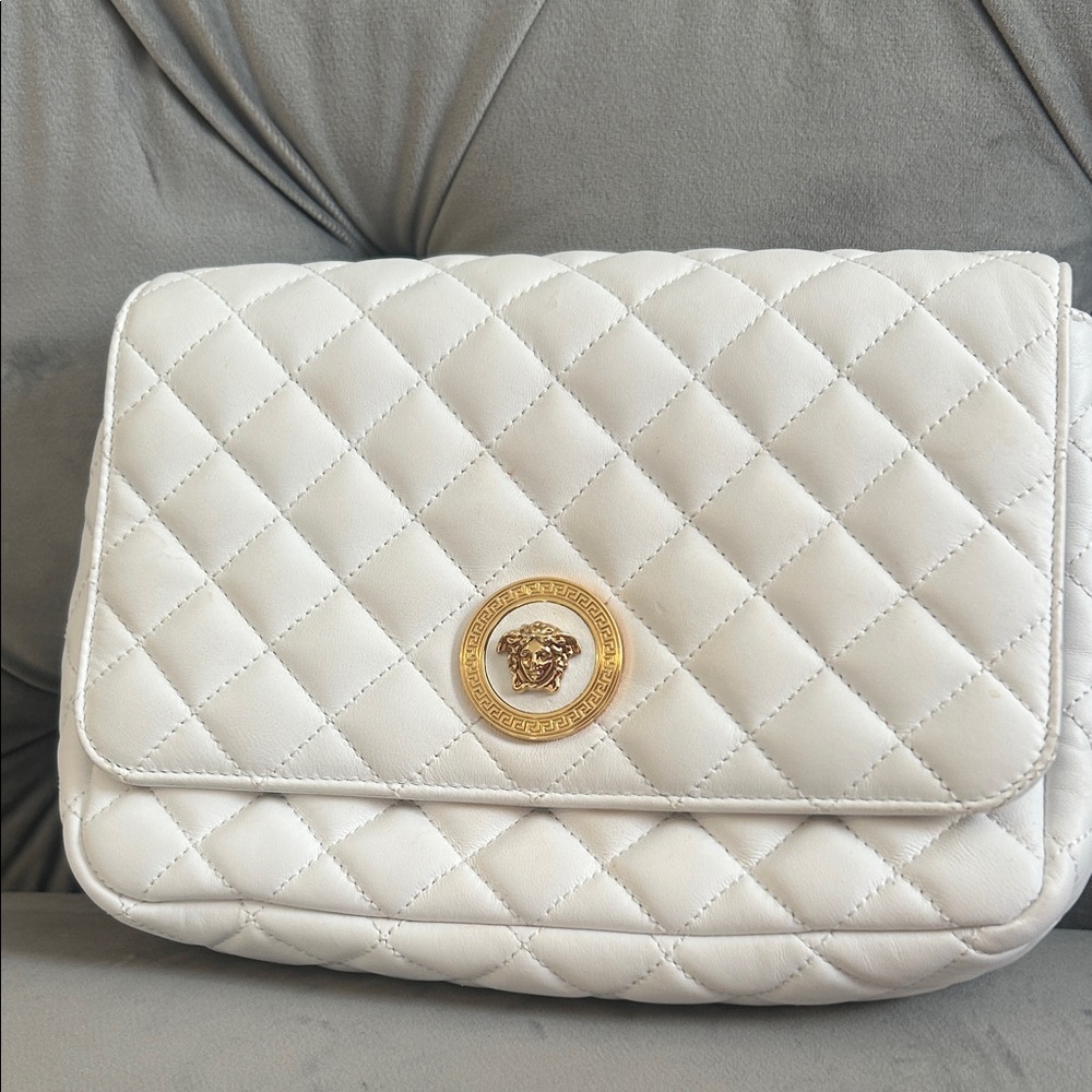 Versace Quilted White Shoulder Bag with Gold Medallion